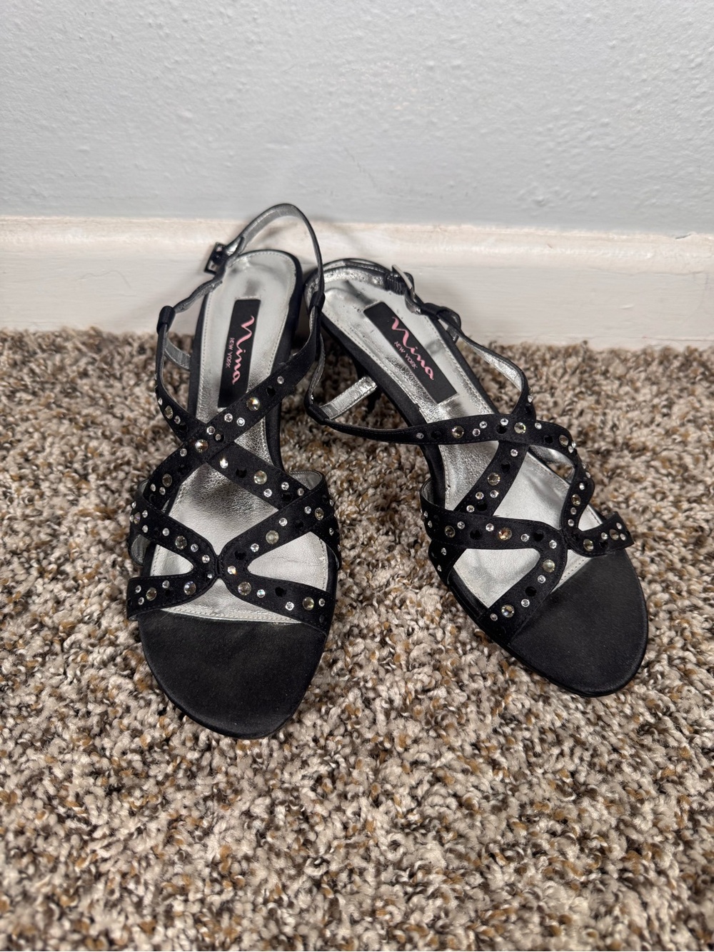 Nina Shoes Black Studded Crisscross Slingback Heels